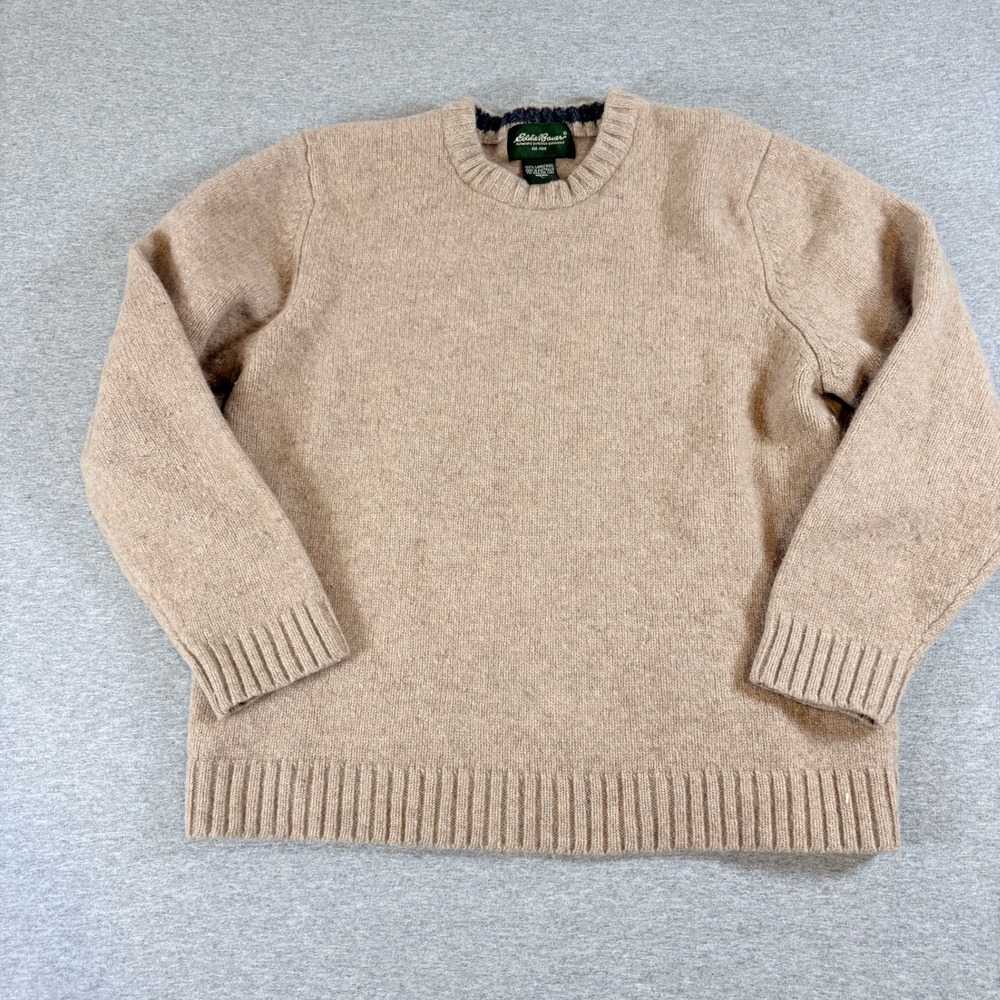 Eddie Bauer Sweater Mens L Tan 100% Lambswool Crewneck Ribbed Knit Outdoor